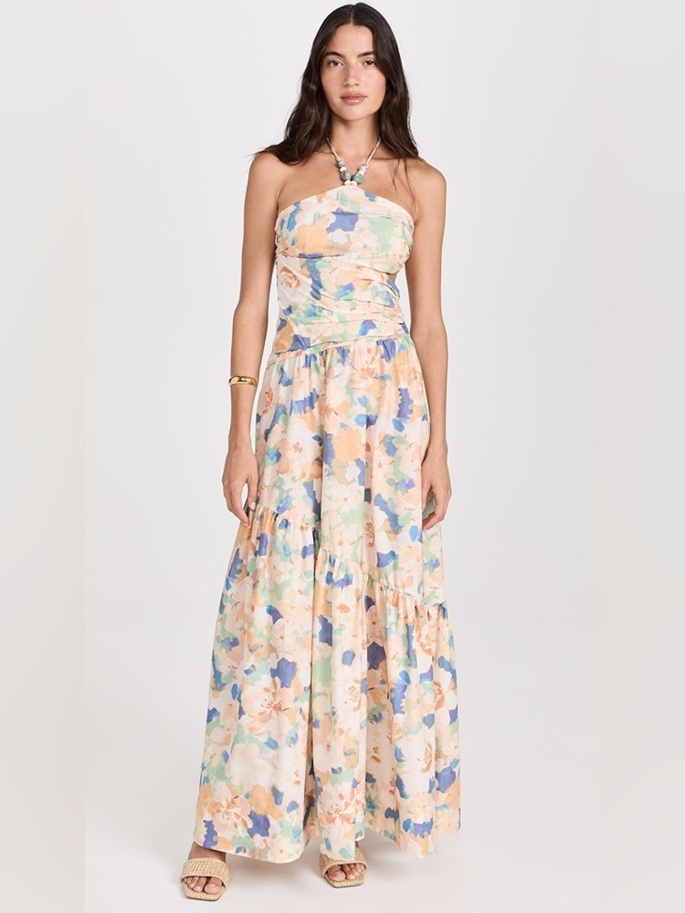 Astr Strapless Floral Maxi Dress in Peach, Blue & Green